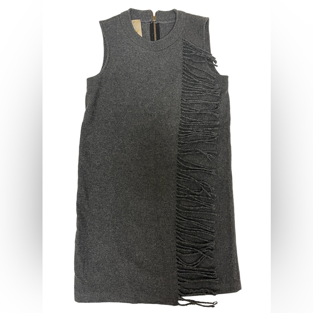 Jo No Fui Wool Blend Sleeveless Tank Dress in Gray With Side Fringe Professional